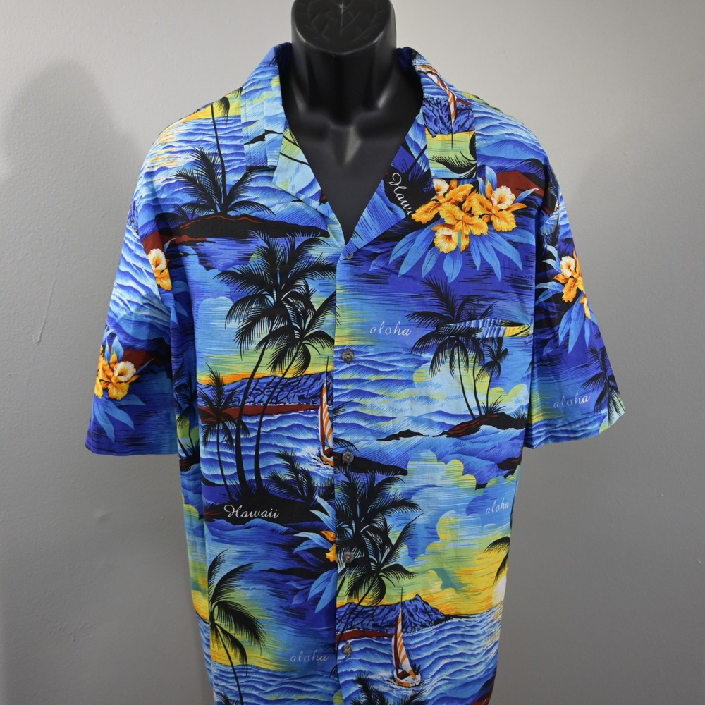 Royal Creations Hawaiian Shirt Mens 3XL XXXL Blue Tropical Floral Sailboat Aloha